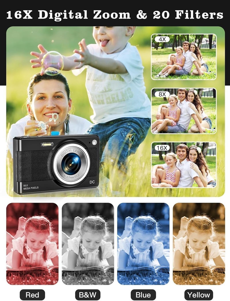 Fleafer Upgrade Digital Camera, 56MP FHD 1080P for Kids with 16x Zoom Anti Shake, 32GB TF Card, Two Batteries, Lanyard, Compact Small for Boys Girls （Black） - Image 3